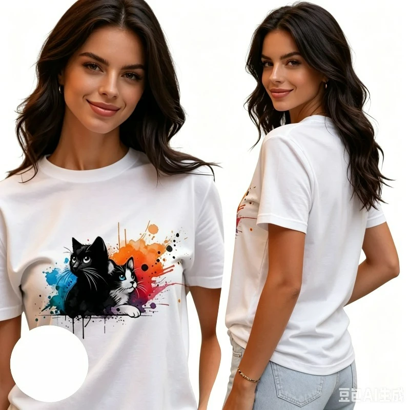 Women's Cute Cat T-shirt, Colorful Splash Graphic Tee, Black and White Options