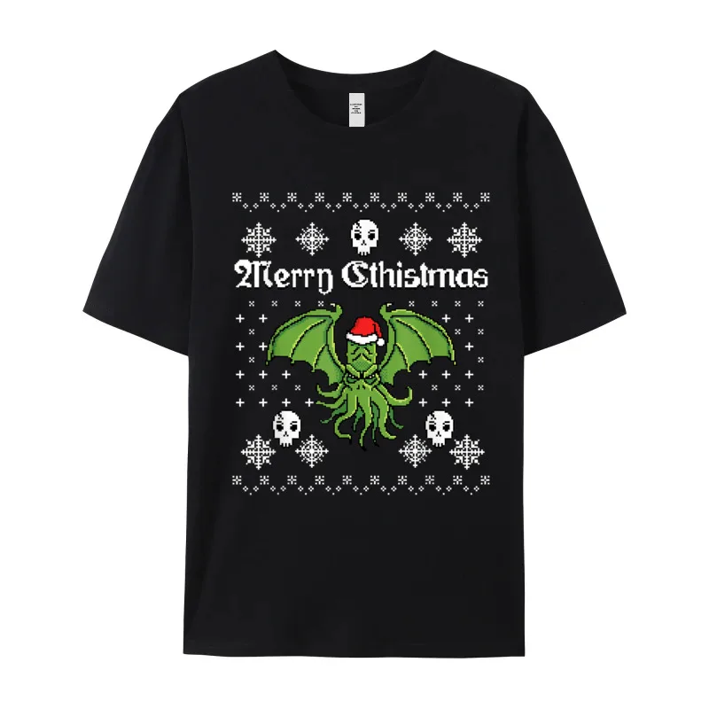 Mens Loose Tops Tees Round Neck Autumn All Cotton T-shirts Print Short Sleeve Merry Cthistmas Cthulhu Ugly Christmas T Shirt
