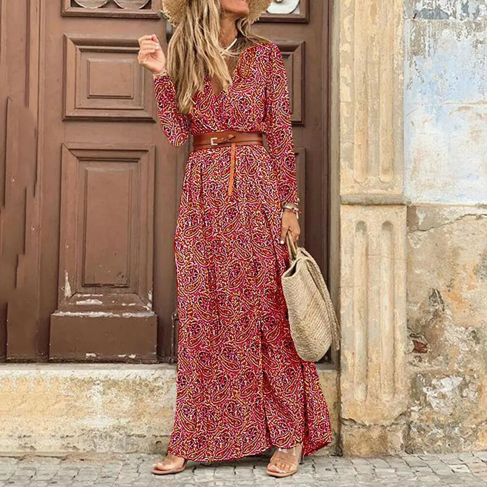 Boho Floral Print Maxi Dress V Neck Krótki rękaw Smocked Letnie sukienki z paskiem dla kobiet 2023