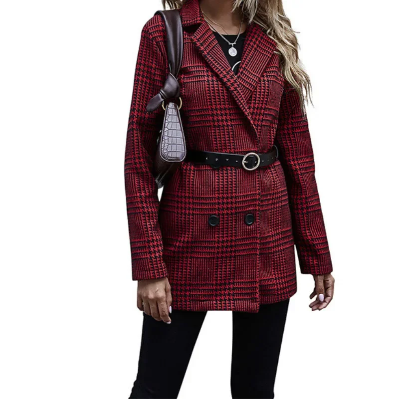 Winter Houndstooth Plaid Turn Down Coat Ladies Fashion Button Long Sleeved Commuting Overcoat Women Autumn Spring Suit Jacket