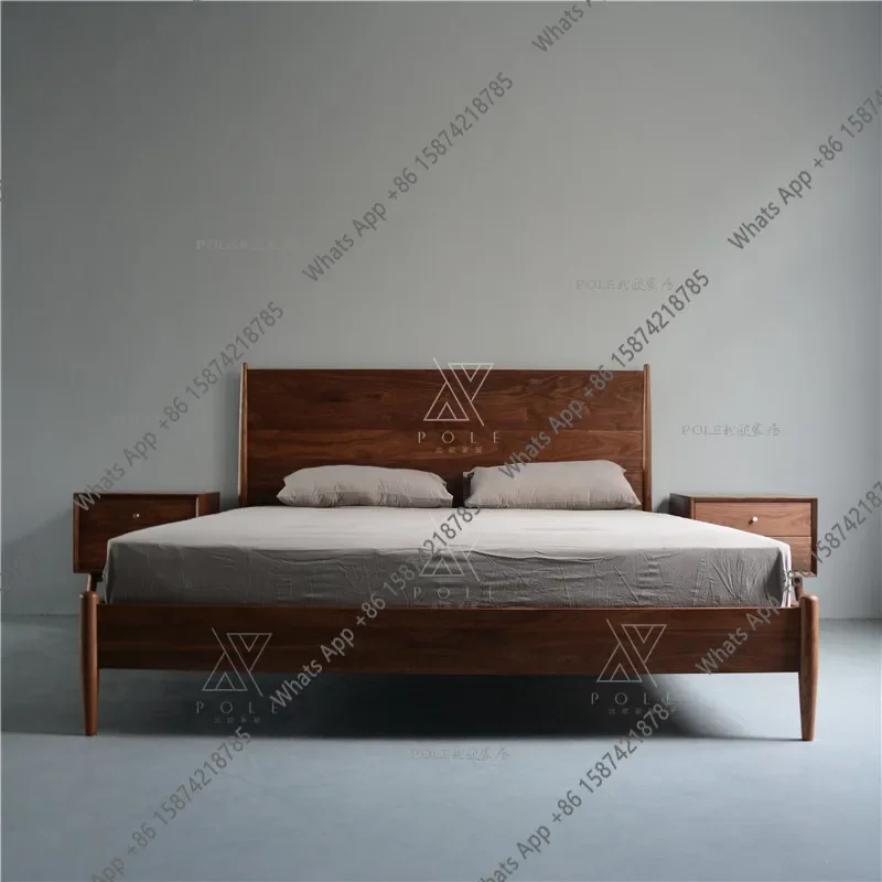 n-J Nordic Home Nordic Black Walnut Cherry Wood Double Bed American Japanese Pure Solid Wood Hard Bed Flat Bed Minimalist Italia