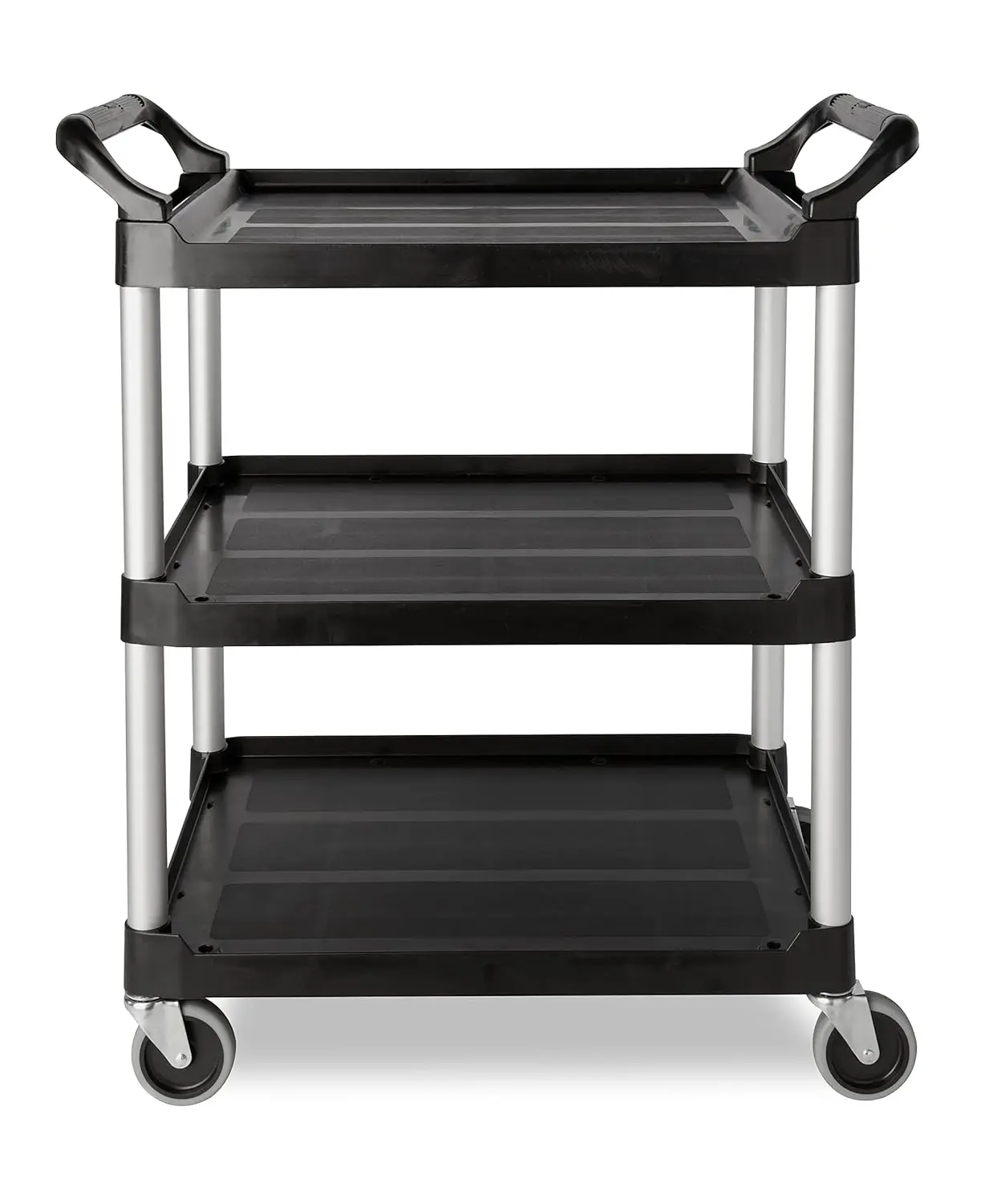 Heavy Duty 3-Shelf Rolling Service/Utility/Push Cart, 200 lbs. Capacity, Black, for Foodservice/Restaurant/Cleaning