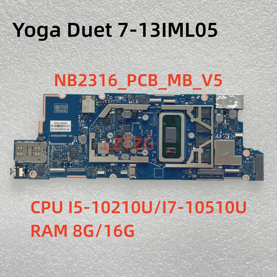 NB2316_PCB_MB_V5 For Lenovo Yoga Duet 7-13IML05 Laptop Motherboard With I5-10210U/I7-10510U CPU 8G/16G RAM 100% Test Work