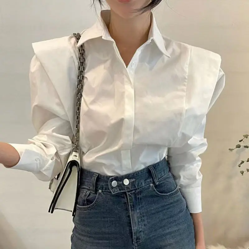 Korean Spring Vintage Women New Simplicity Lapel Collar Patchwork Ruffles Loose Long Sleeved Shirt Solid Color All-match Tops