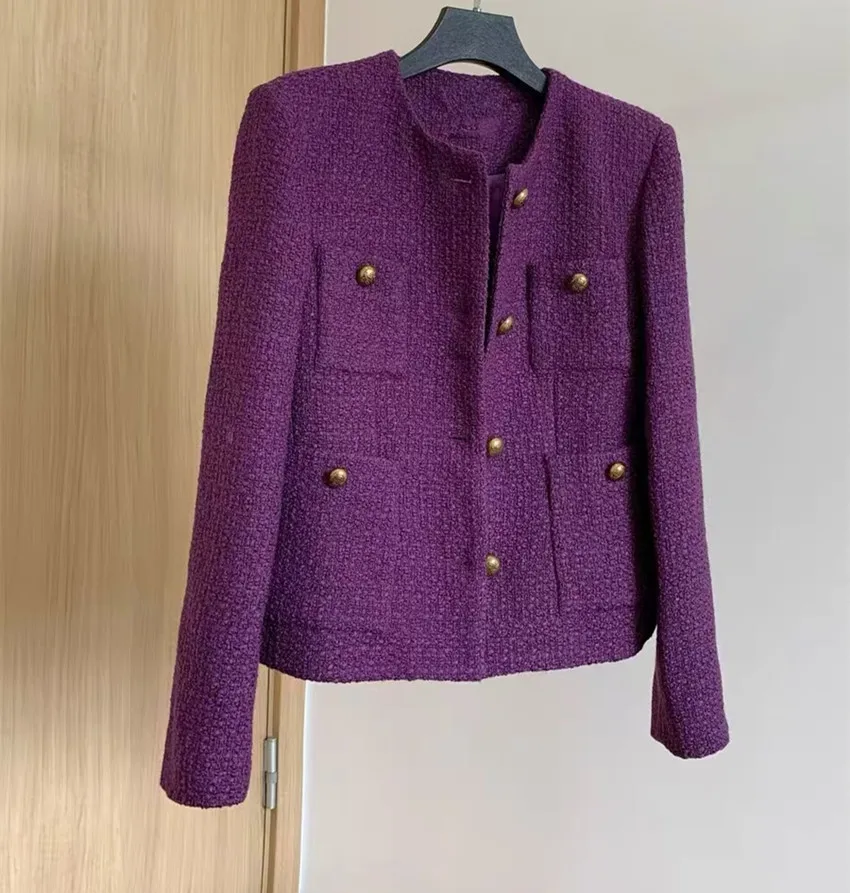 Classic Autumn Winter Purple Tweed Weave Pockets Outwear New Small Fragrant Women Round Collar Golden Buttons Woolen Jacket Coat