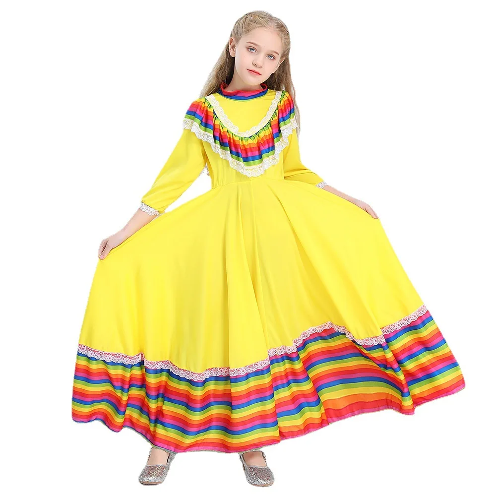 Disfraz de bailarina folclórica mexicana para niñas, increíble vestido largo tradicional de Jalisco Guadalajara, disfraz de Halloween de calidad de lujo para niños