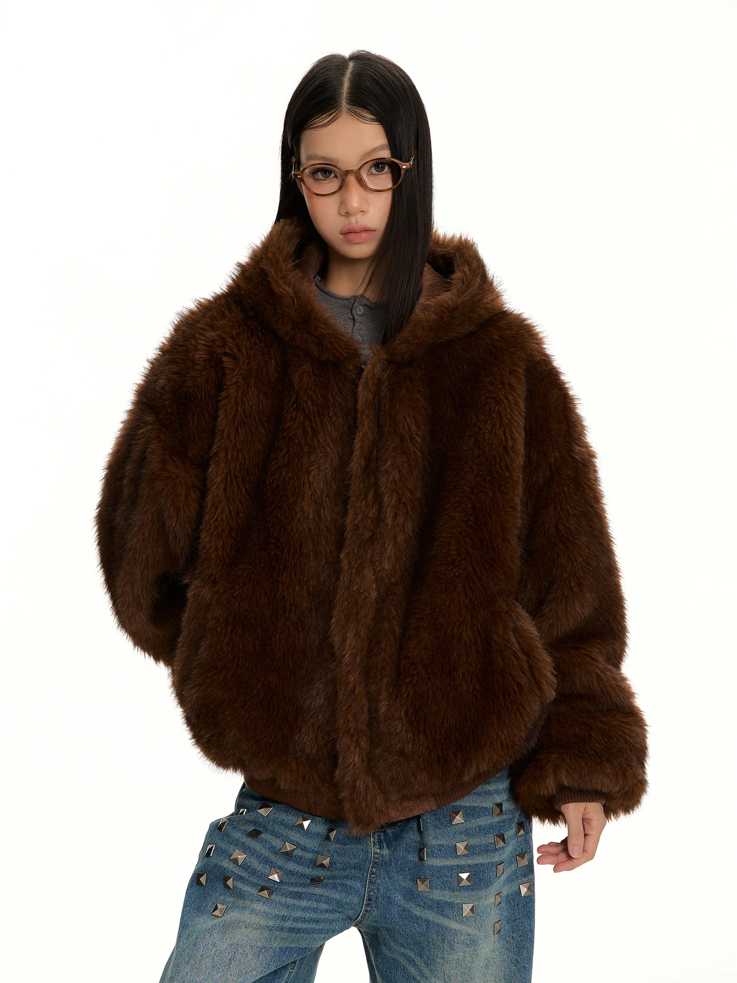 

VAT Double-Sided Wearable Thiened Plu Suede Coat Women's Winter Faionable Hooded Cotton Jaet Barn Sle Polyester