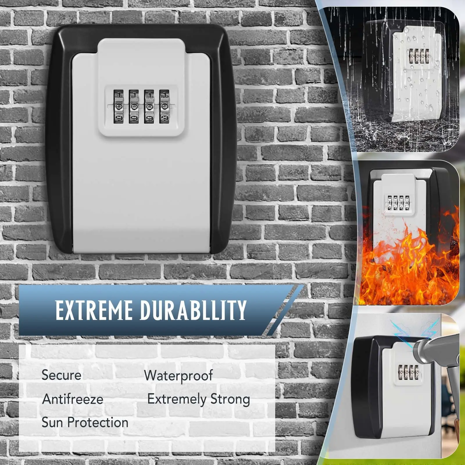 Alloy Security Key Box with 4 Digit Code Waterproof and Rust Proof Wall Box for Keys Cards Key Wall Mounted Capacity Key Safe