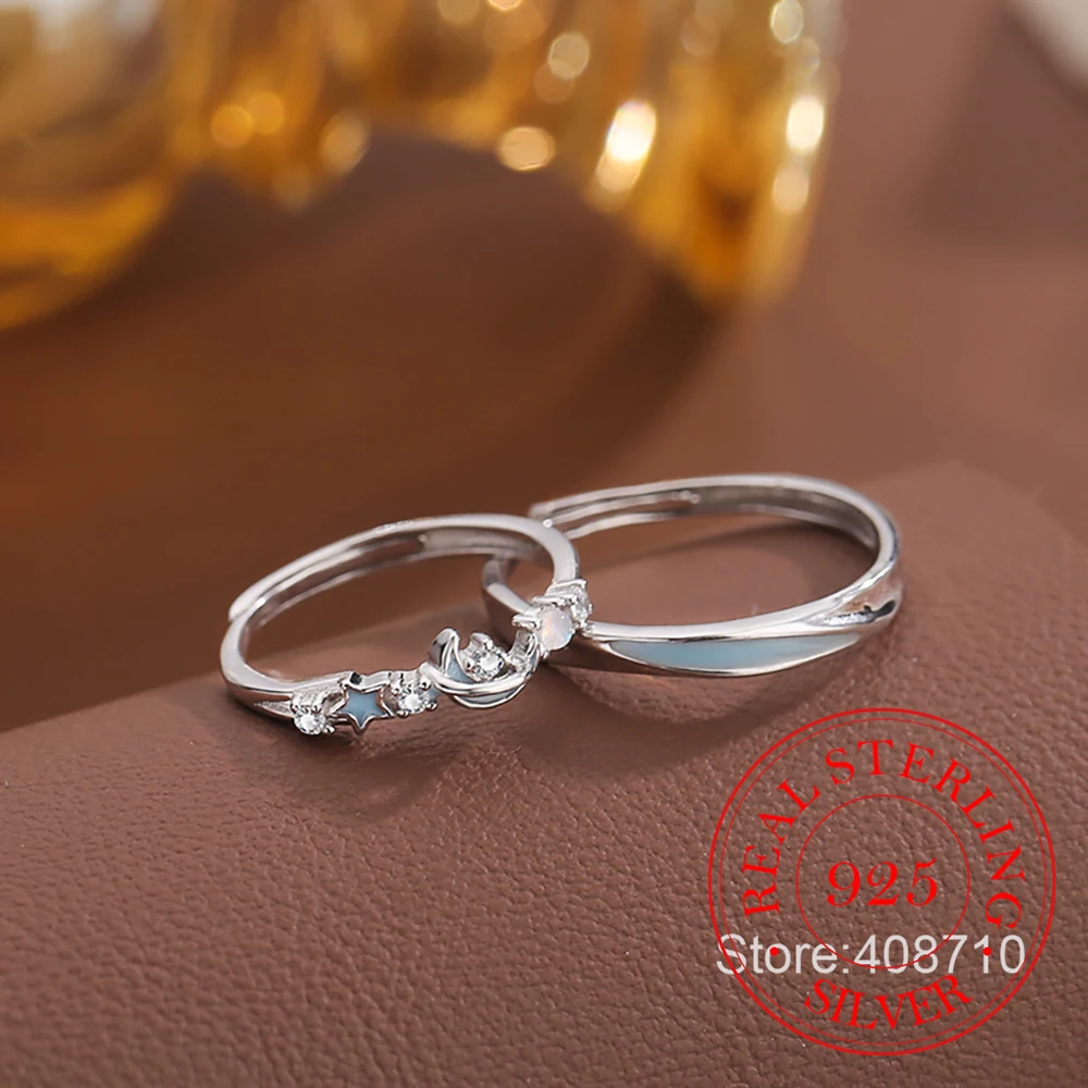 

925 Sterling Silver Luminous Crystal Blue Moon Star Finger Rings For Women Men Couple Wedding Engagement Party Charm Jewelry