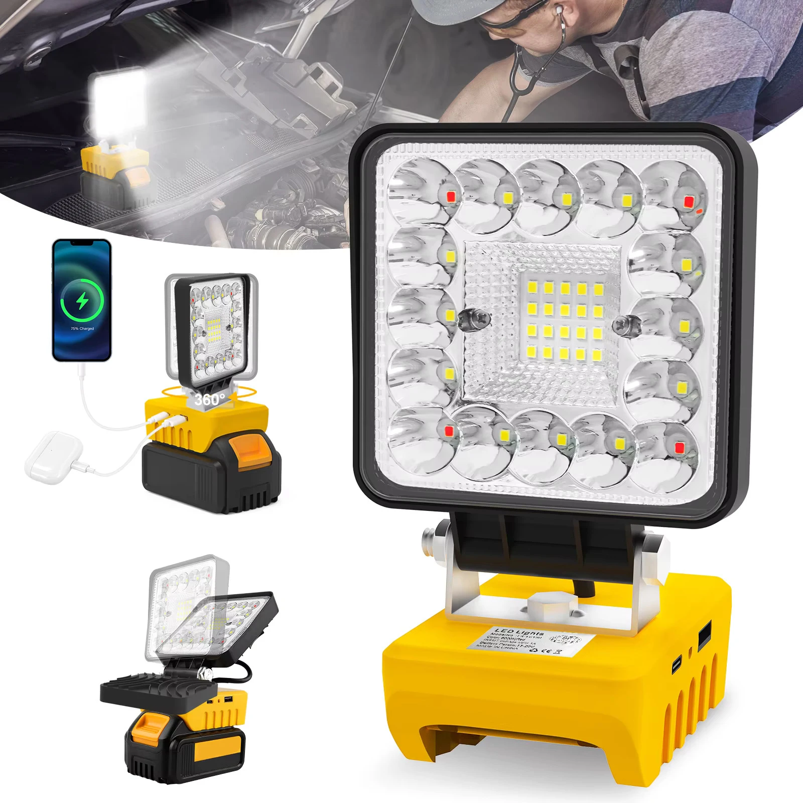 

Светодиодная лампа для инструментов 48 Вт, 36 светодиодов, совместимая с литий-ионными аккумуляторами DeWalt, 5000 лм, перезаряжаемый светодиодный прожектор, фонарь для кемпинга