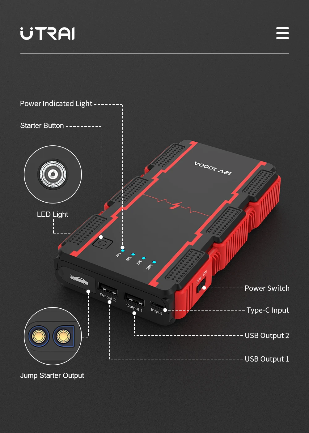 UTRAI 1400A Auto-Starthilfe Powerbank 13800mAh Tragbarer Notfall-Starter Auto-Batterie-Booster JS-Mini Startgerät – Detail 5