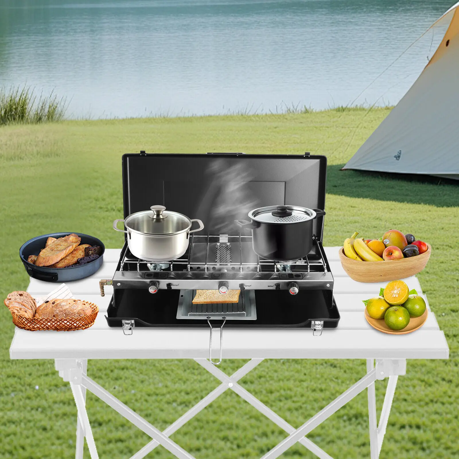 

3 Burner Modern Portable Cooking Propane Butane Gas Camping Stove W/ Grid + Tray