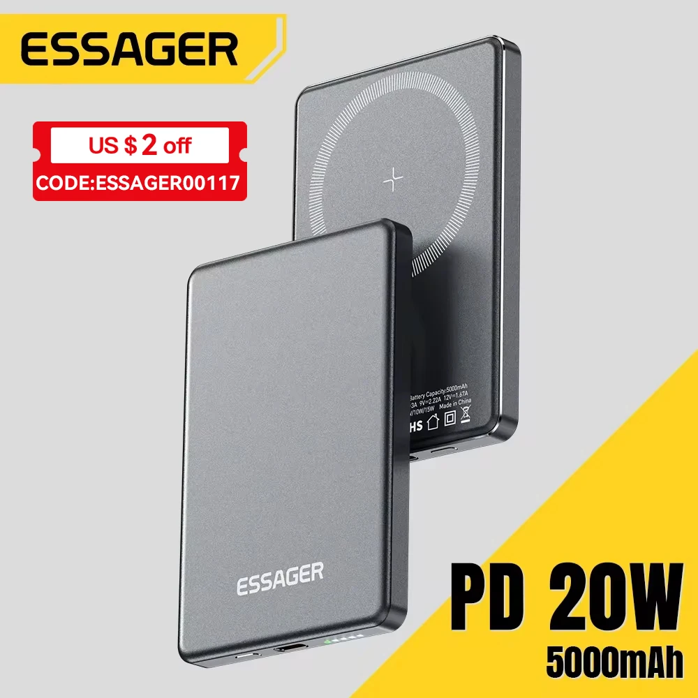 Essager Thin Wireless Power Bank Magnetic 20W 5000mAh Portable Fast Charging External Battery for Magsafe For iPhone 16 15 14 13