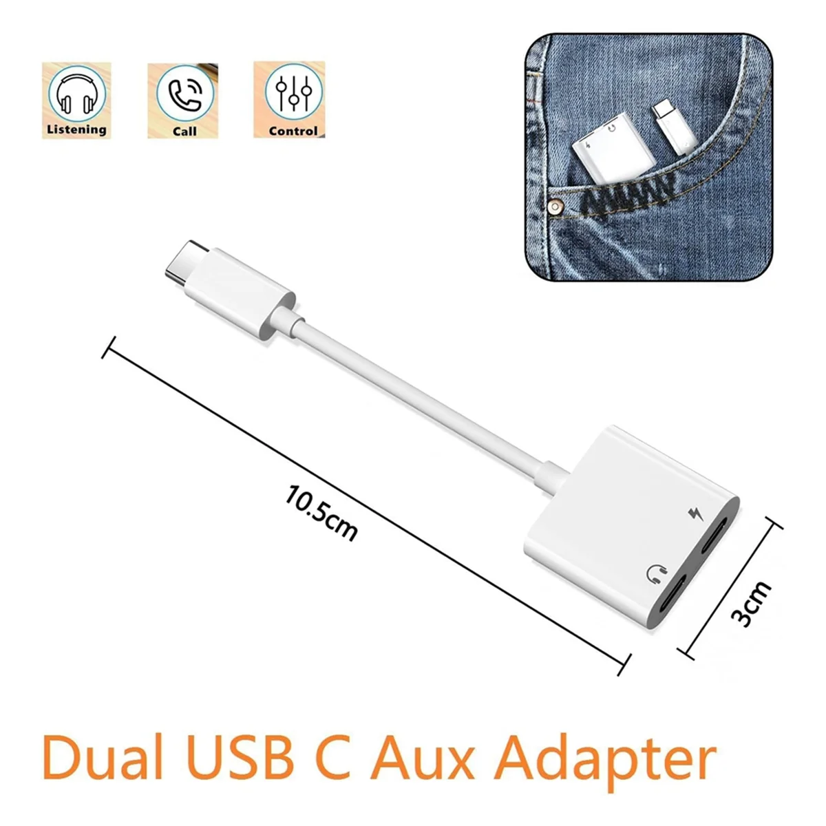 Adaptador de cargador de auriculares USB C a piezas, Adaptador de Audio tipo C 2 en 1 con Carga rápida PD, divisor Dongle USB C, 2 USB-C