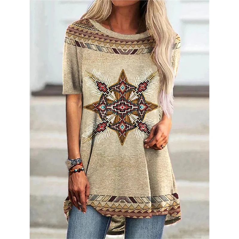 Zachodni aztecki styl etniczny 3D T-shirt z nadrukiem kobiet Streetwear t-shirty z krótkim rękawem Y2K topy kobiety tunika na krótki rękaw szeroka odzież — zdjęcie 5