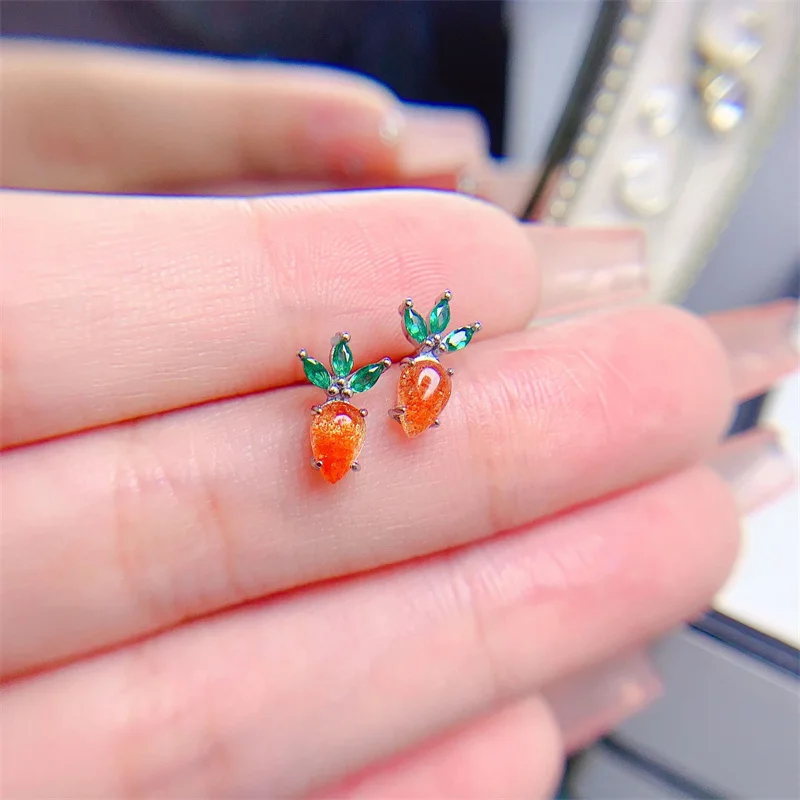 

925 Silver Natural Sunstone Carrot Shape Stud Earrings for Women Christmas Gift Emerald Gemstone with Certificate