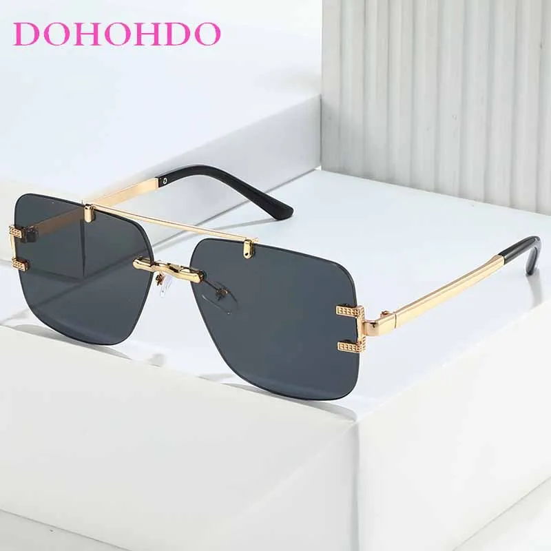 

DOHOHDO Vintage Rimless Sunglasses Men Women Fashion Oversized Square Shades Eyewear New Double Bridge Gradient UV400 Sunglasses