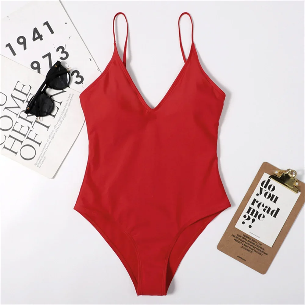 Vintage RED Bikini V-neck Sling Swimsuit Fashion Swimwear Women One-piece Monokini Bathing Suits Beach Vacation Outfits Biquinis