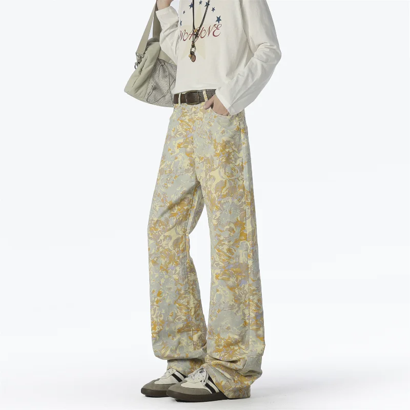 بنطال جينز أمريكي مطبوع بالكامل بنمط هونج كونج سروال كاجوال مستقيم للعمل