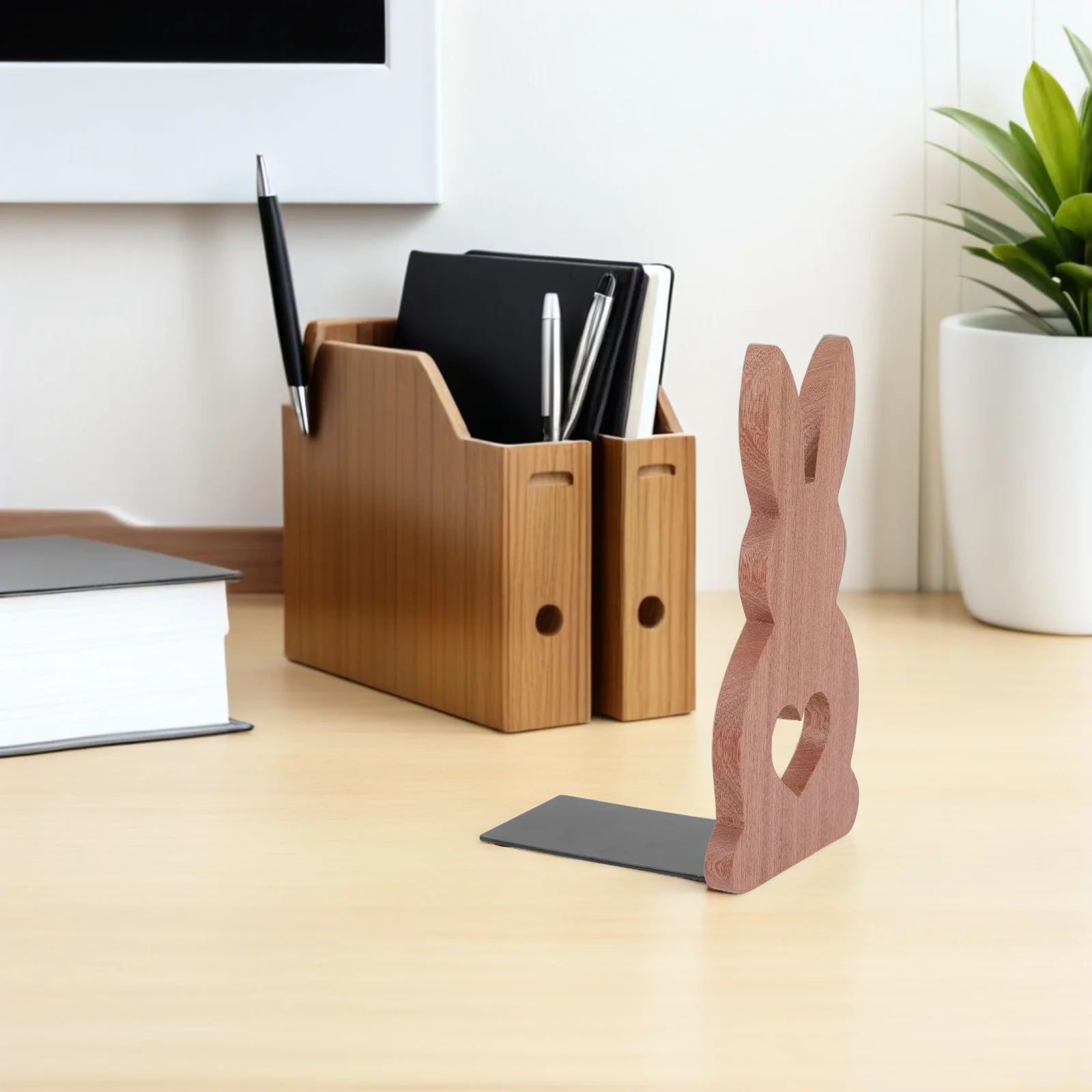 

2Pcs Bunny Bookends for Desk Wood Sturdy Book Holder Stand Compact Space Saving Bookshelf Organizer for Office Nursery Reading