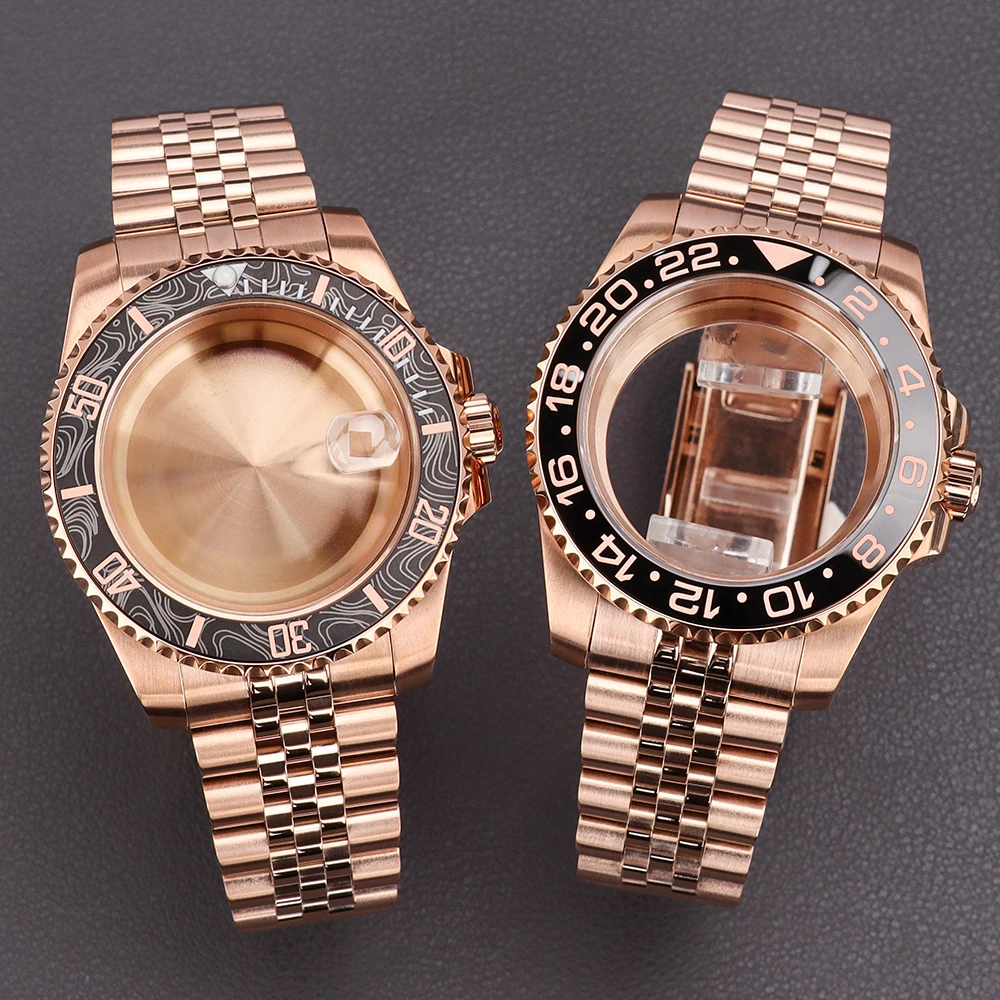 

40mm Rose Gold Watch Case 5-link Bracelet For NH35 NH36 NH34 8215 Eta2824 Mechanical Movement Water-Resistant SUB gmt Watch Case