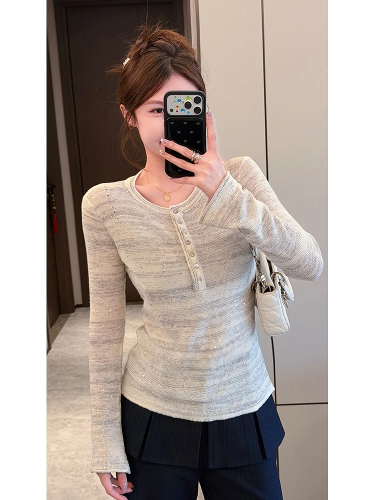 

Оригинальный хлопковый трикотажный пуловер Wang Diding с пайетками, эффект стройности, весна-лето, повседневный стиль, длинный рукав, круглый вырез