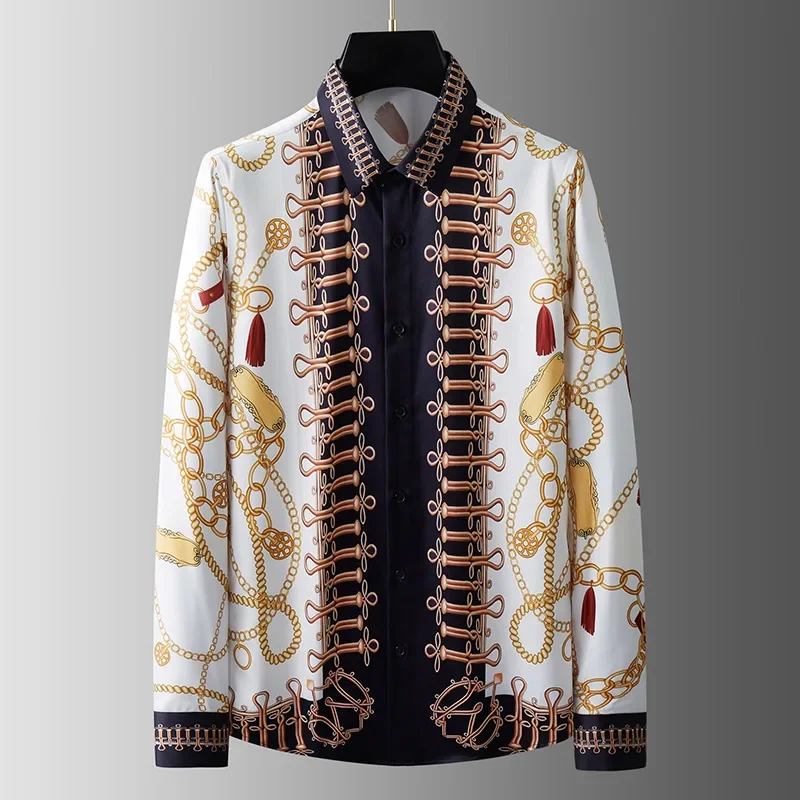 

Men's luxury custom shirt, casual long sleeve shirt, printed chain, social dress, business dress shirt