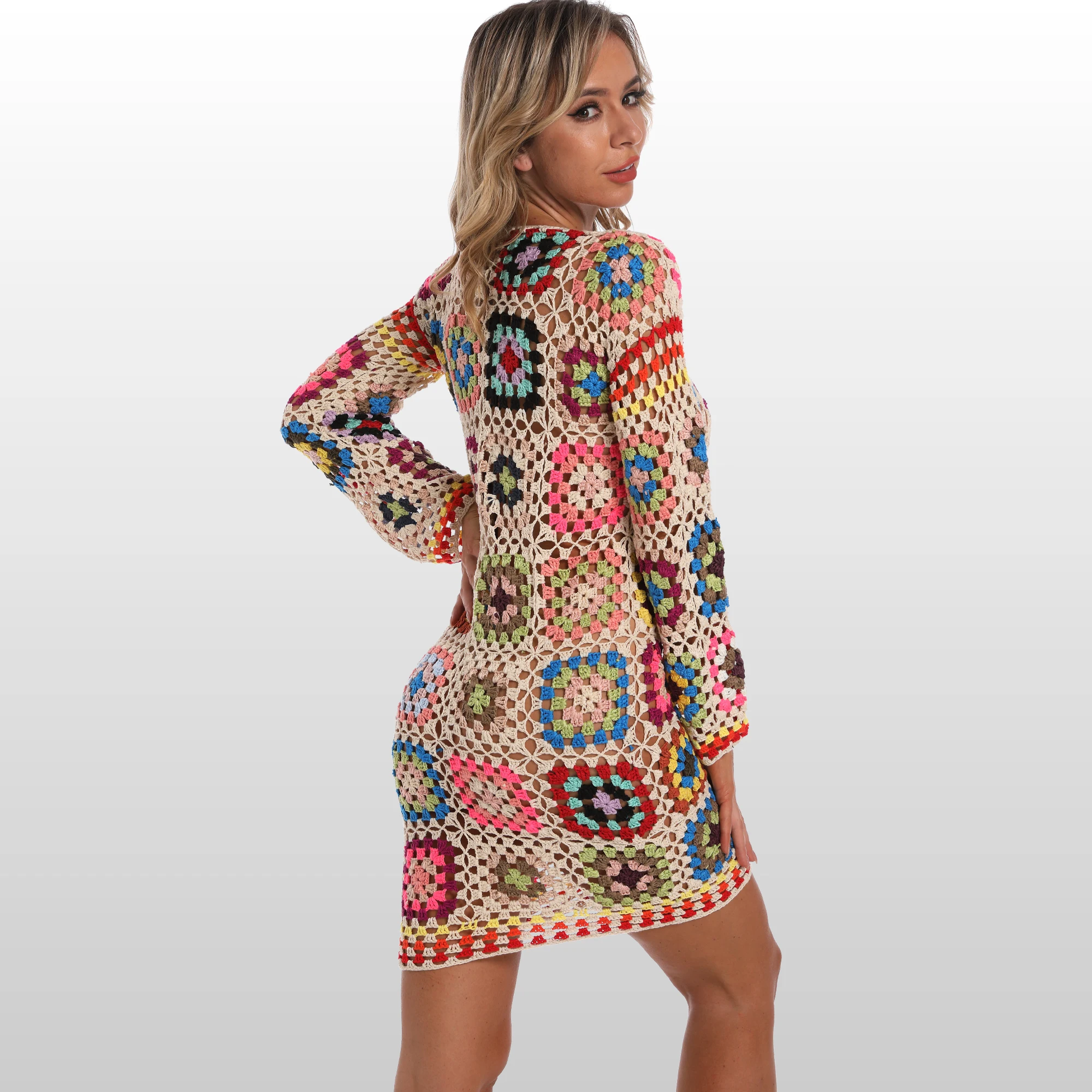 Granny Square Hand Crochet Dress with Long Sleeve Sexy Women Beach Wedding Clothing