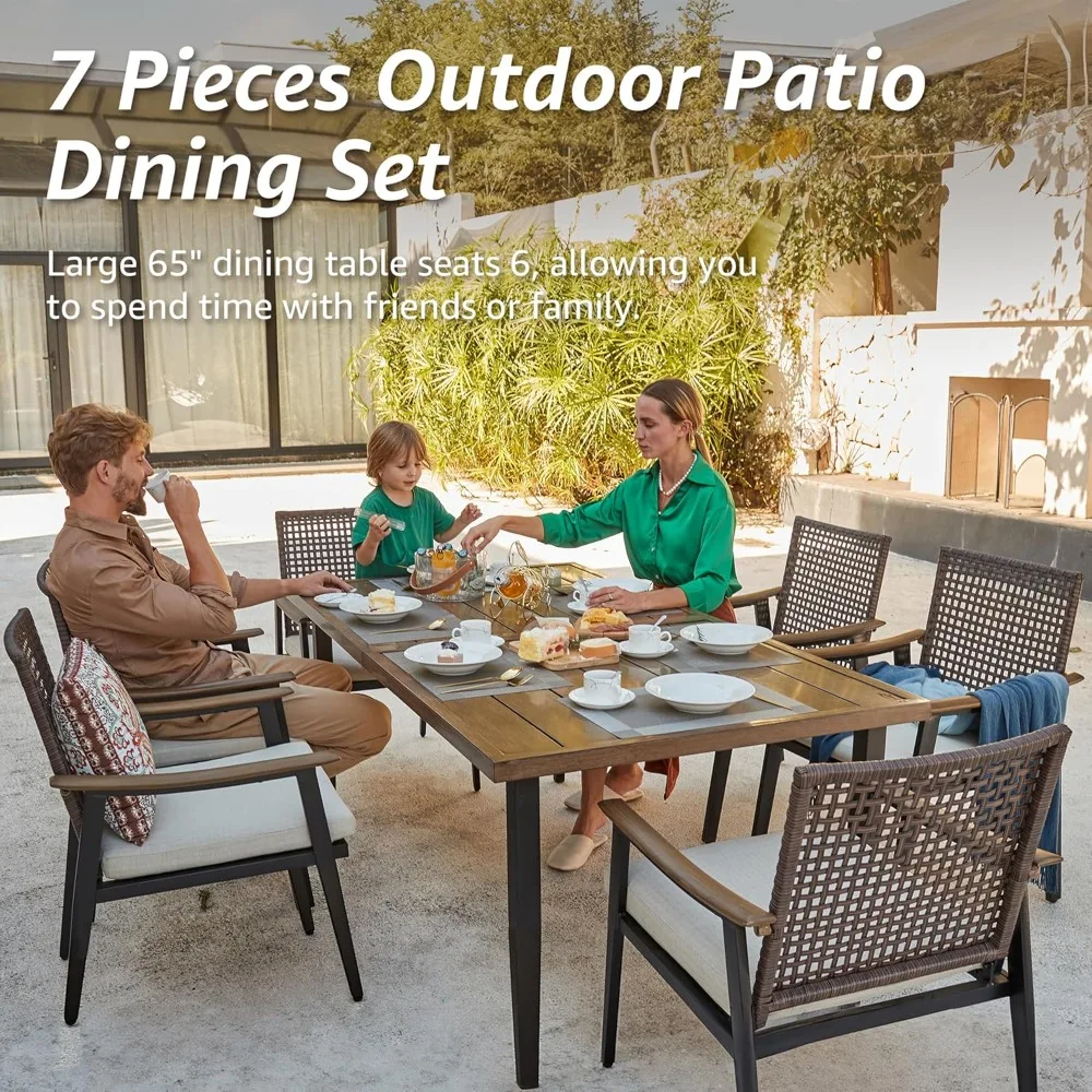 

7 Piece Patio Dining Set ,Rattan Wicker Chairs with Cushions and 65” Large Dining Table , 6 Outdoor Furniture Sets