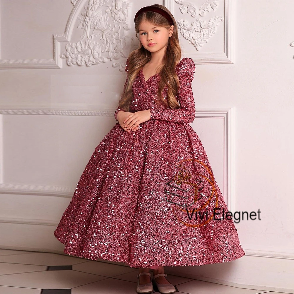 Burgundy Full Sleeve Flower Girl Dresses with Bow Strapless Sequined Ankle length Shinny Christmas Gown with Belt فساتين اطفال ل