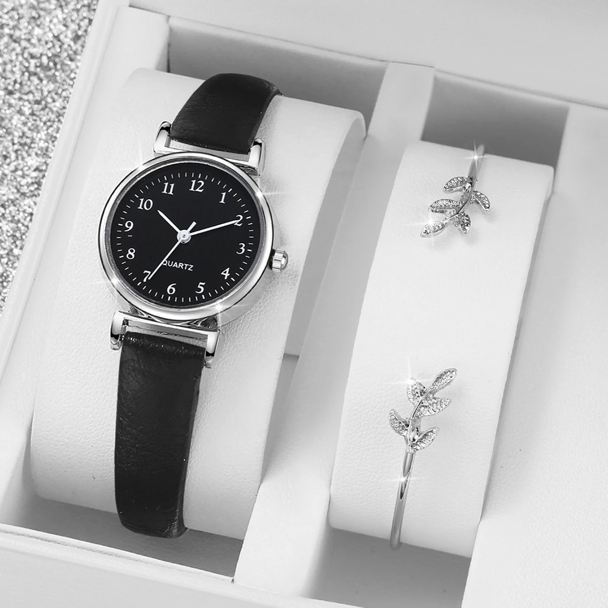 2PCS/Set Fashion Small Arabic Dial Women's Watch Casual Leather Band Quartz Watches Bracelet Set（Without Box）