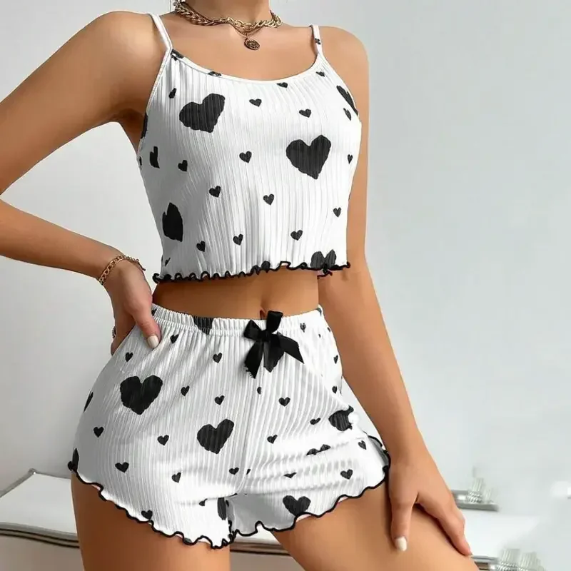 Women's Pajamas Set Sleepwear 2pcs Short Tank Tops And Shorts M L XL White Ventilate Soft Casual Love Printing