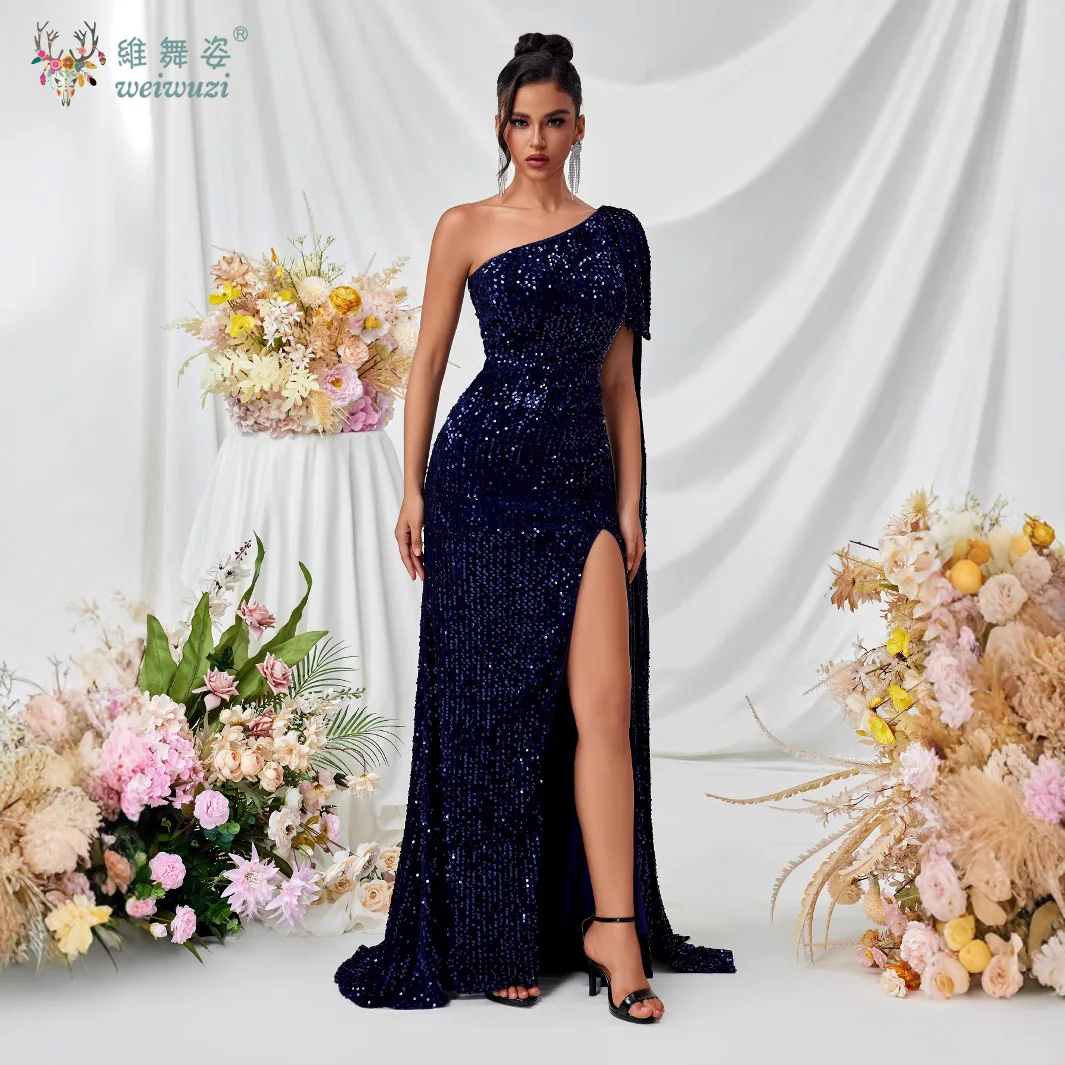 Elegante e lindo cor sólida gola inclinada ombro único cintura cauda de peixe saia alta fenda lantejoulas vestido de noite