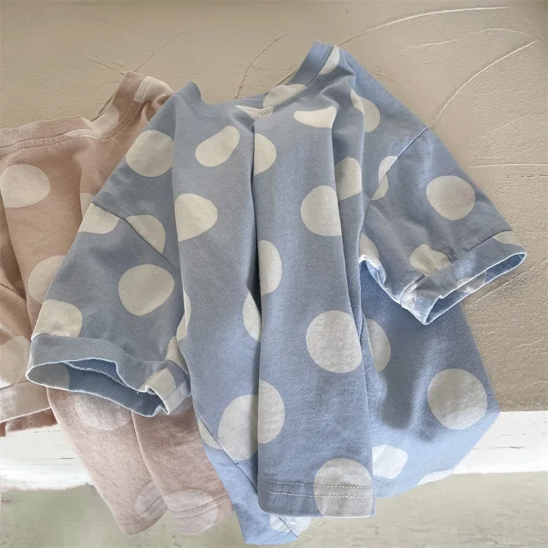 

2025 New Summer Kids' Clothes Cute Big Dot Printed Short Sleeve T-shirts Girls' O-Neck Loose Tee Baby Girl Linen Cotton Tops