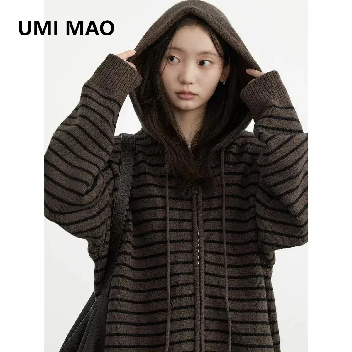 UMI MAO-cárdigan de manga larga para mujer, suéter holgado con capucha y cordón a rayas, jerséis de punto holgados para mujer, Top de otoño y primavera