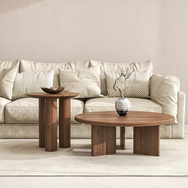 Solid Wood Sofa and Round Coffee Table Set Minimalist Living Room Furniture Log Corner Side Table Combo for Home Use