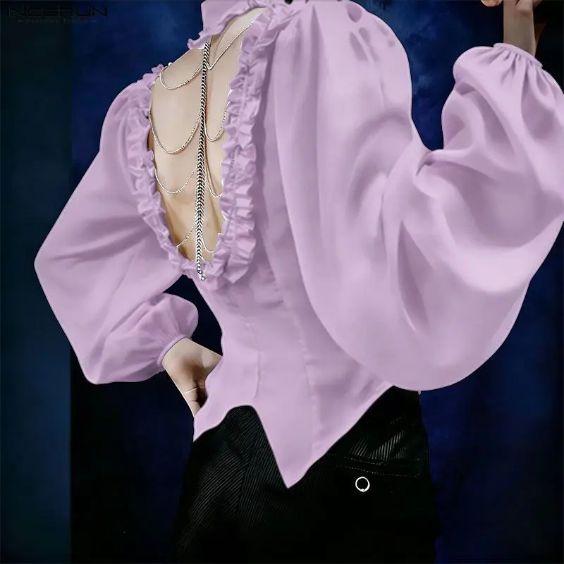 INCERUN Men Irregular Shirt Solid Ruffle Lapel Long Sleeve Men Clothing Backless Hollow Out Sexy Fashion Crop Tops Streetwear