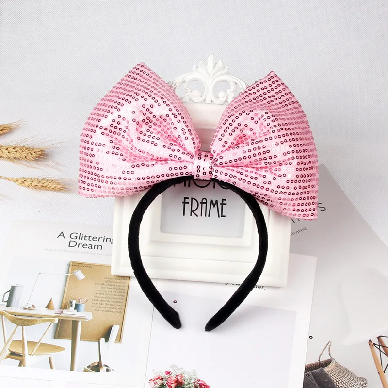 Big square Minnie Mouse Bow Headband Sequin Hairband Girls Hair Accessories Glitter Headwear Women Party Christmas Headband