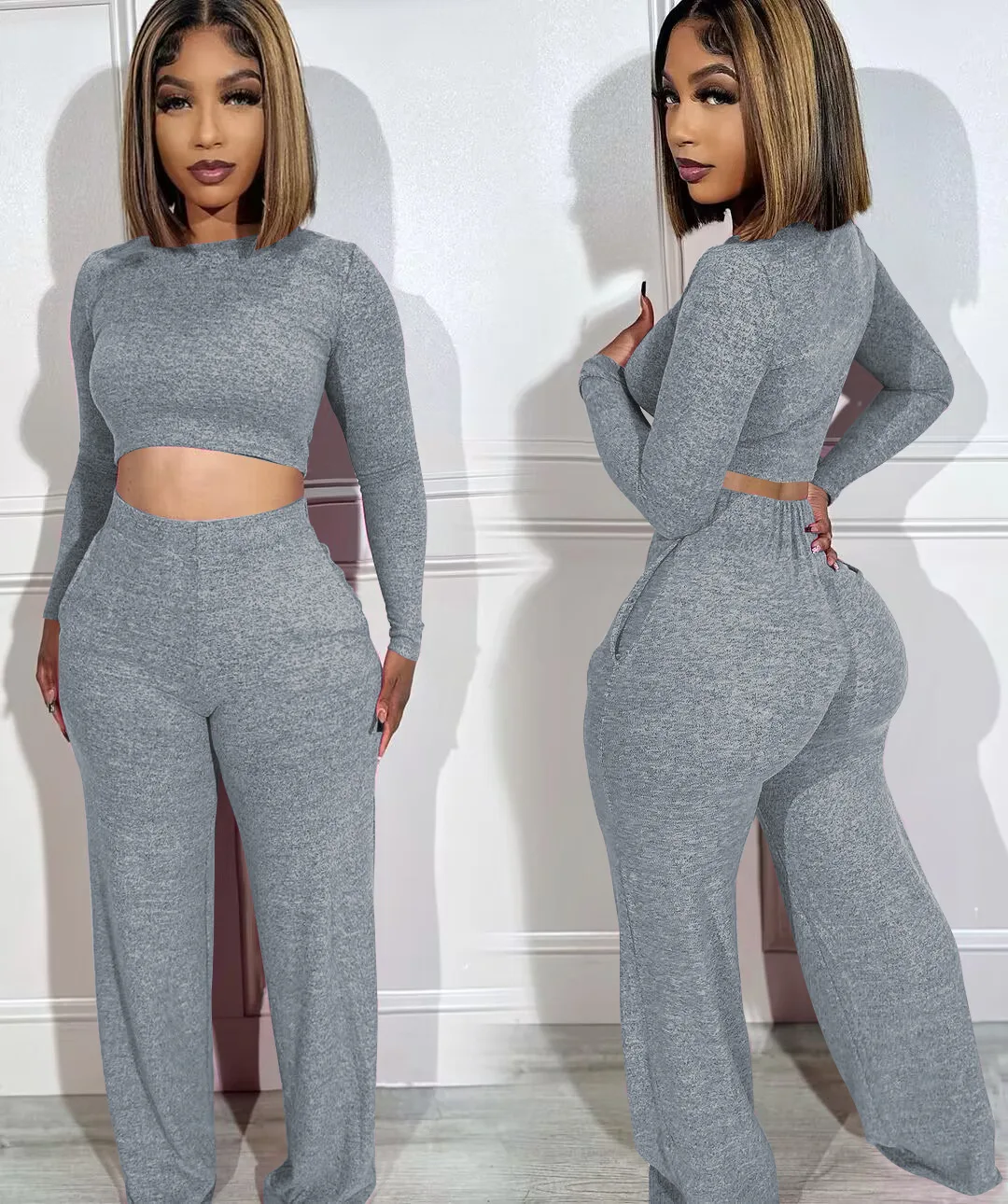 Sexy Elegant Two Piece Pant Sets Women Winter Tracksuits 2023 Luxury Outfits Crop Tops Wide Leg Pant 2 Piece Pant Sets Joggers