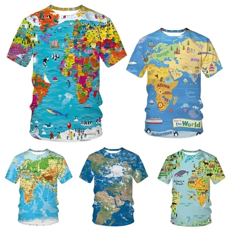 World Map Men's Fashion 3D Printed T-shirt Casual Fun Short Sleeve Novelty Men's Graphic T-shirt  Tees Y2k Tops Mens Clothing