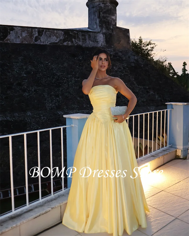 BOMP Strapless Yellow Formal Evening Dresses Dubai Arabic Women Wedding Party Satin Pleats Floor length Prom Gowns Customized