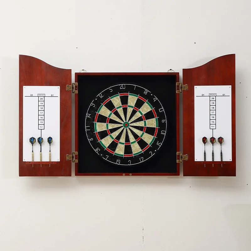 Wall Mounted Wooden Cabinet Dartboard Set, 18 Inch Sisal Tournament Board, Scoreboard, 6 Steel Tip Darts, Home Bar Decor