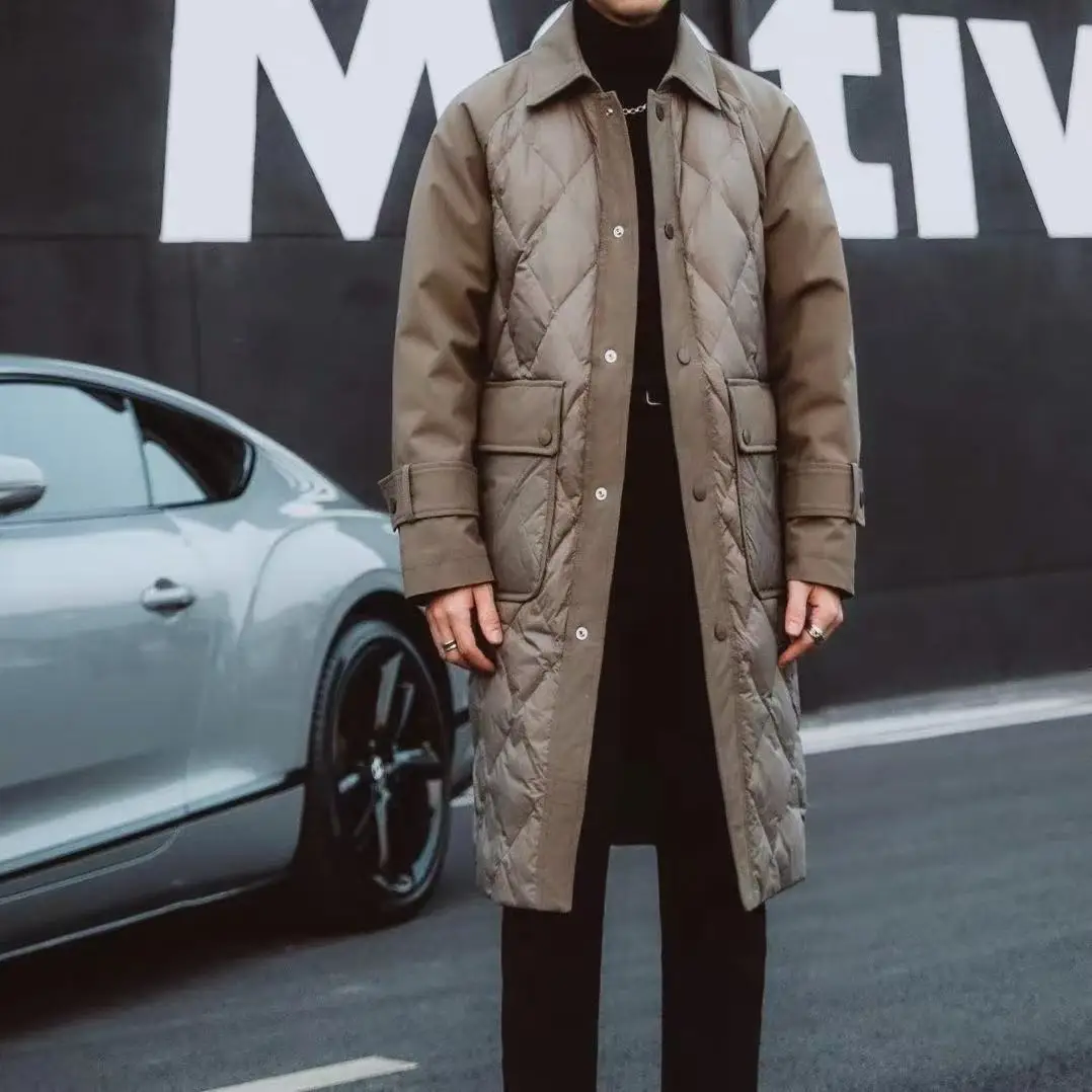 European Station Fashion Brand Long Lapel Down Jacket 2025 Winter New Leather Patchwork High-end Men's Coat Jacket
