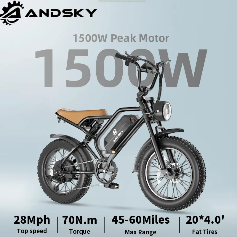 

ANDSKY T8 Core Electric Bike 1500W Peak Motor 48V 16Ah Battery 28MPH Top Speed Electric Bicycle 60Miles Long Range 20"x4" All-Terrain Fat Tires Mountain Motorcycle E-bike for Adults