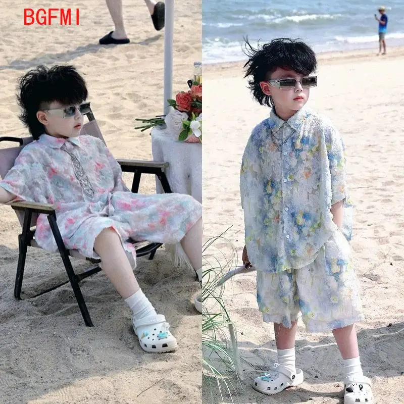 Children's Tie Dye Set Boy Flower Short Sleeved Shirt+ Shorts 2pcs Set Children's Clothing New Boys Baby Summer Thin Clothing