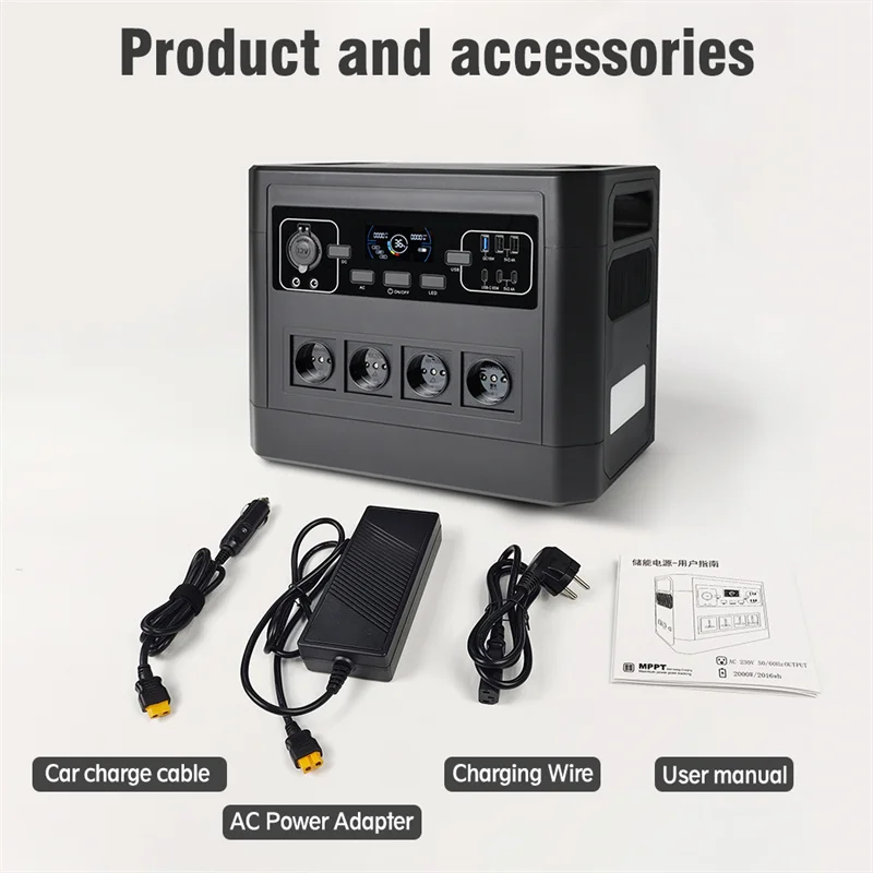 LiFePO4 Portable Outdoor Energy Storage Power Supply DC AC 12V 2016Wh Solar Power Generator 2000W Fast Charging Power Station