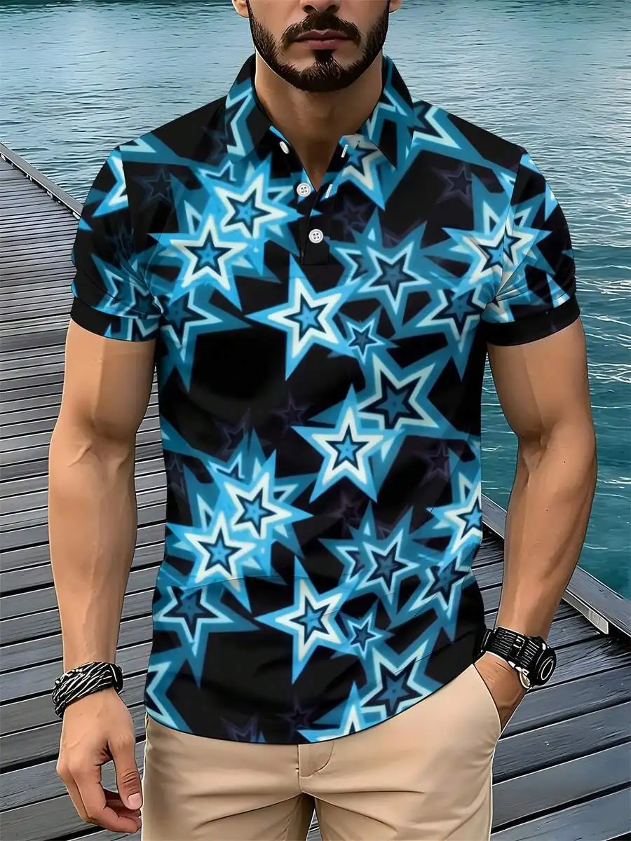 

Mens Blue Star Print Shirt Black Base Casual Summer Short Sleeve