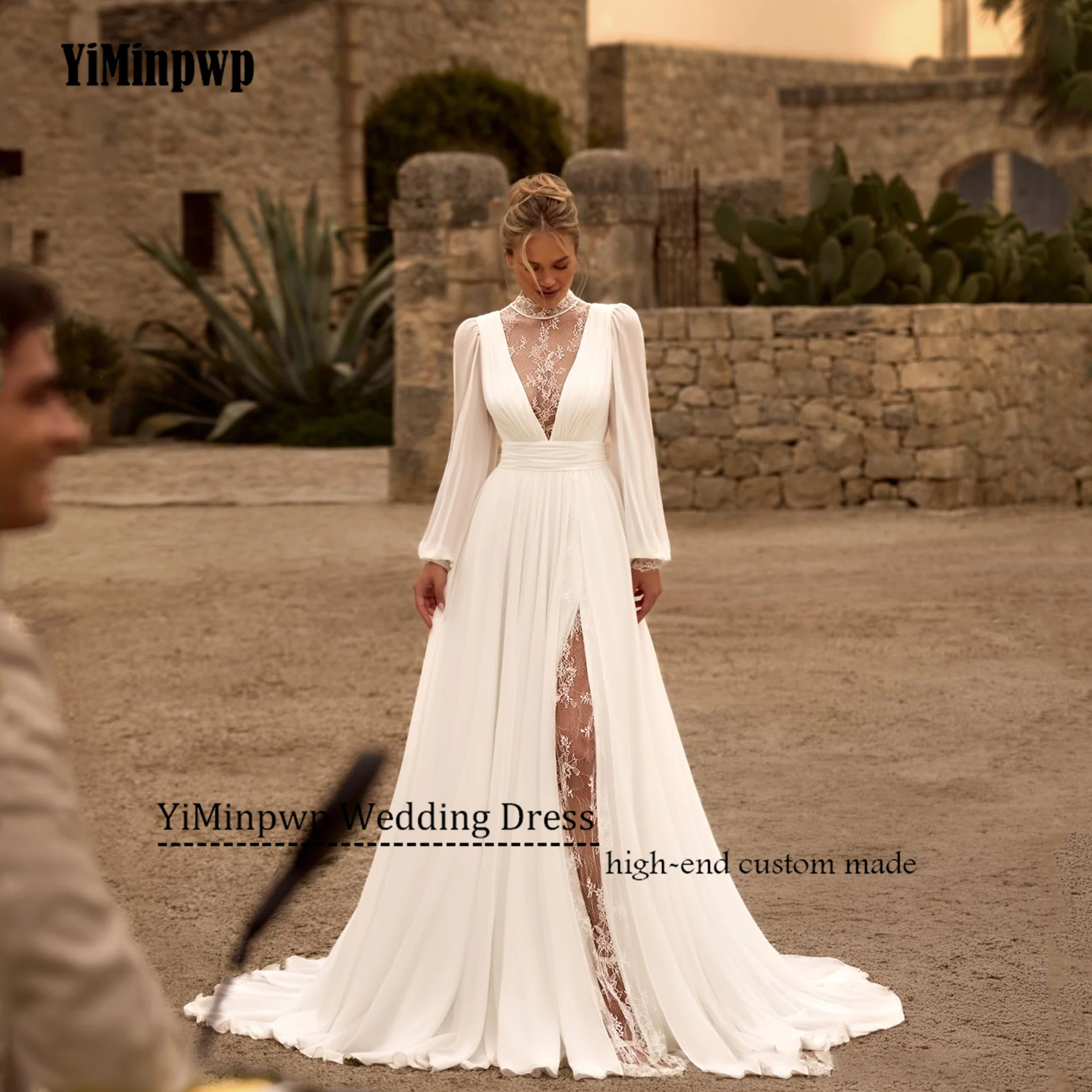 

Customized Chiffon Boho A-Line Wedding Dress 2025 Bride Puff Sleeve Pleat Lace Bride Gowns Beach vestidos de novia Side Split