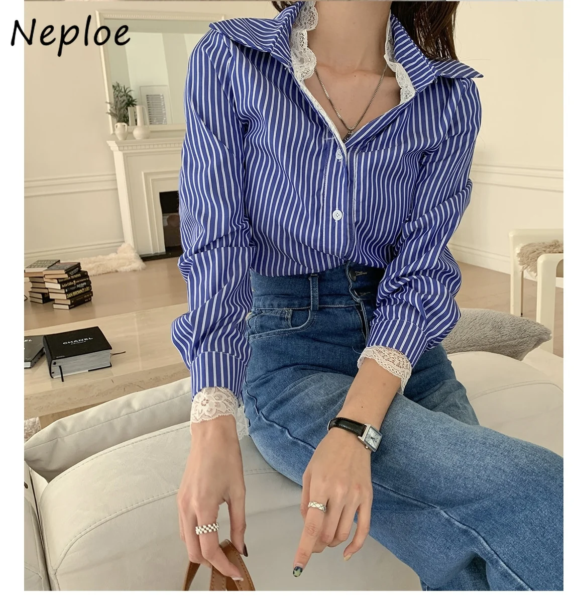 Neploe 2025 Spring New Lace Stripe Shirt Slim Waist Sexy All-match French Style Korea Chic Blouses Minority Fresh Panelled Blusa