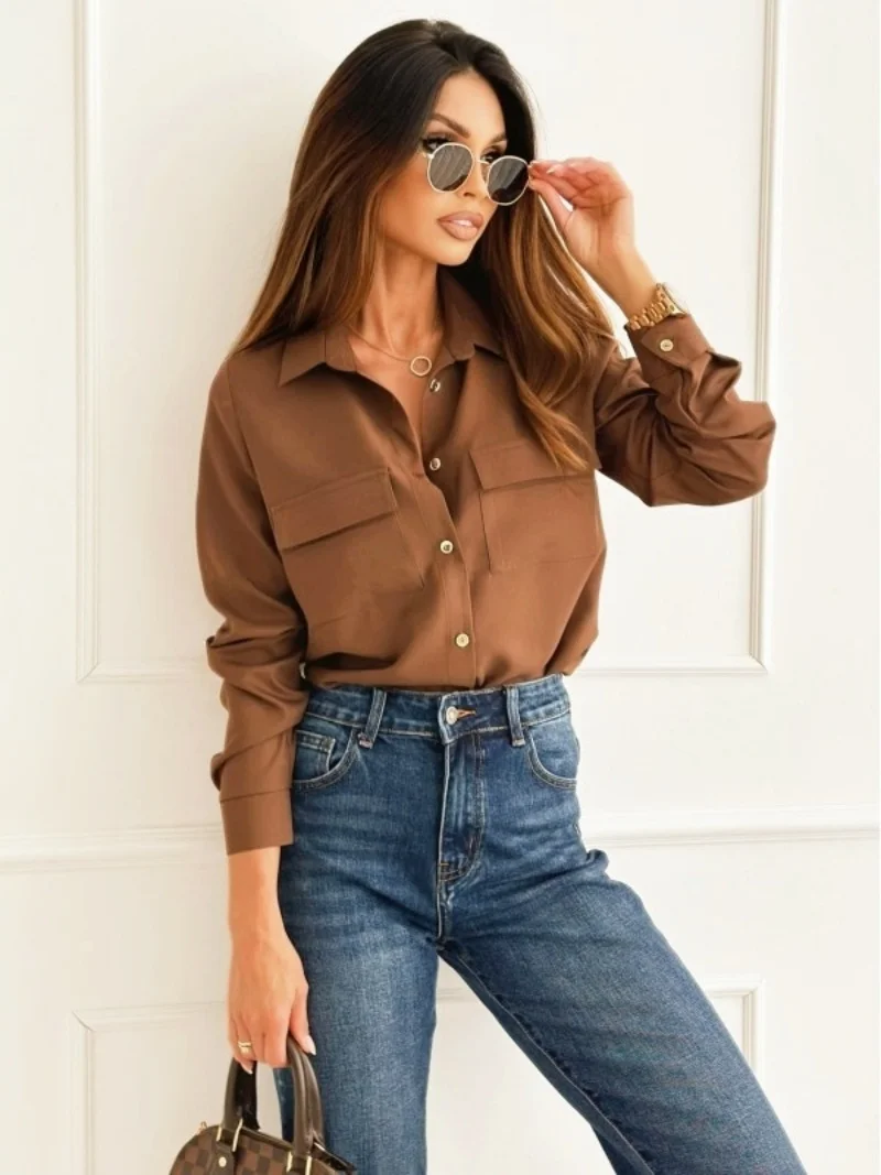 Chemise boutonnée à manches longues pour femmes, couleur unie, col classique, double poches sur la poitrine, tenue de bureau décontractée